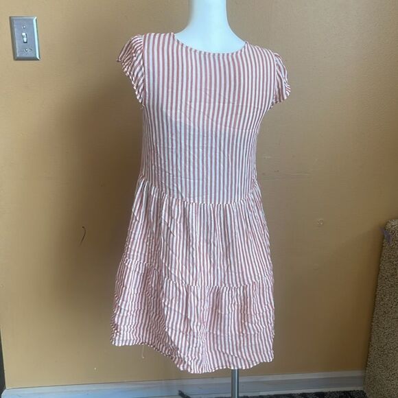 American Eagle Womens XS Flowy Striped Cap Sleeve Short Tiered Dress Red White - Picture 4 of 11